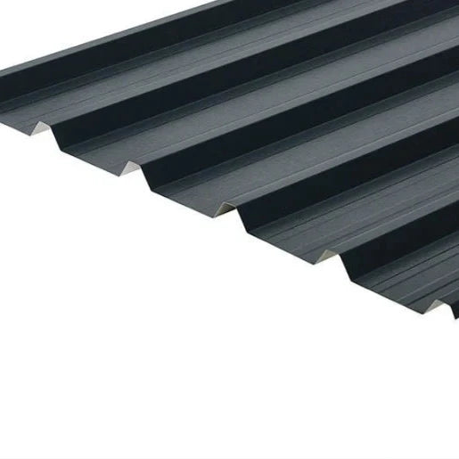 A close-up view of a black roof cladding sheet with a ribbed texture.