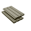 Stack of beige composite decking boards on a white background
